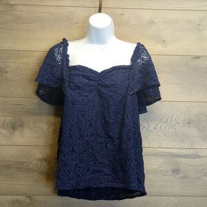 Hinge Flutter Sleeve Blue Lace Blouse Women's Size Medium